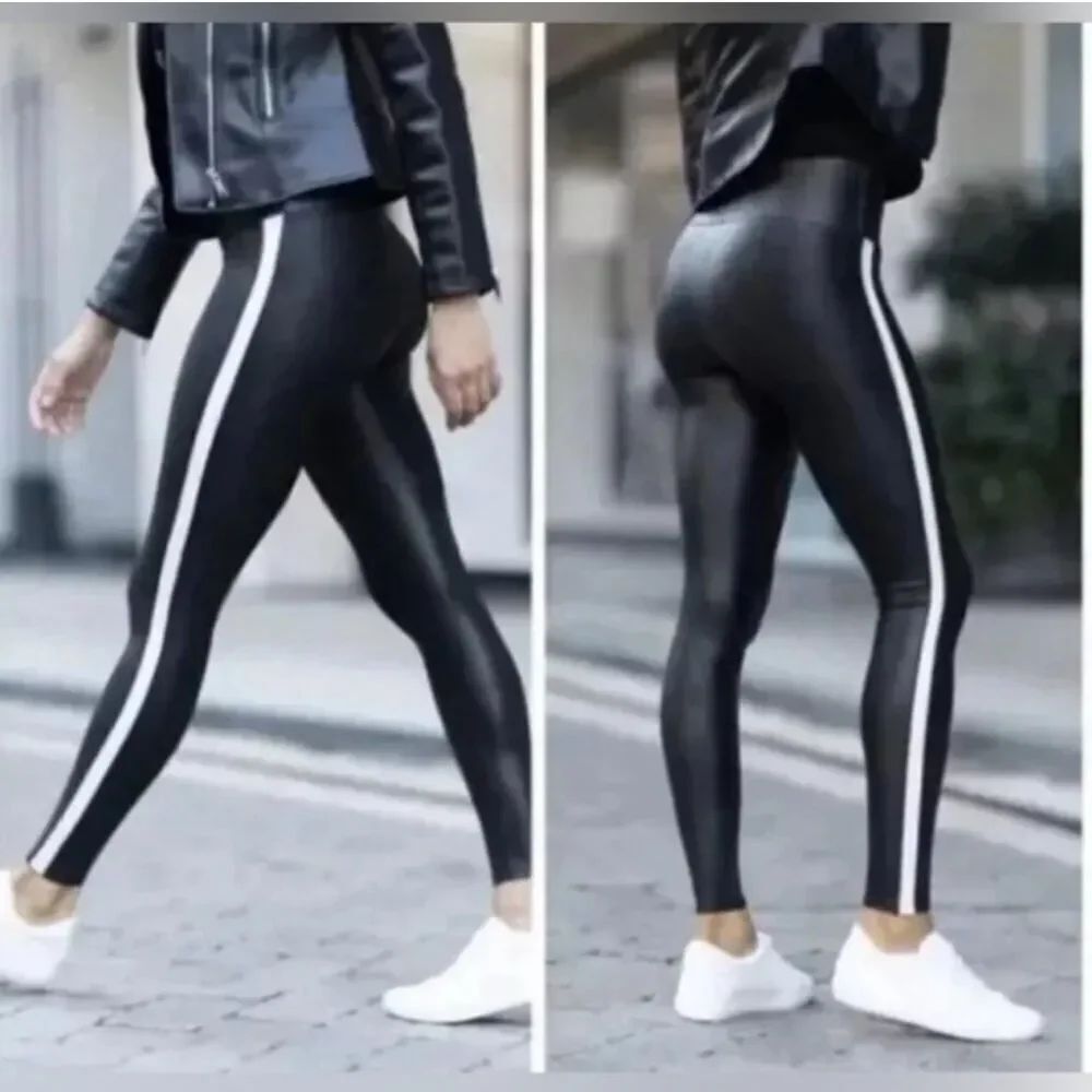 SPANX Faux Leather Leggings Tummy Control with Side Stripe L